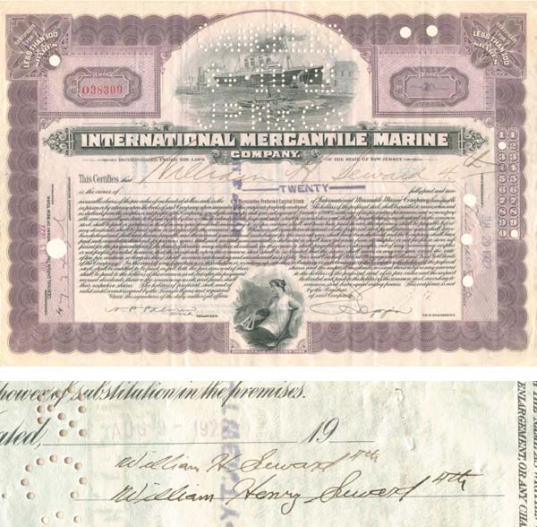 William H. Seward signed twice International Mercantile Marine - Co. that Made the Titanic - Stock Certificate